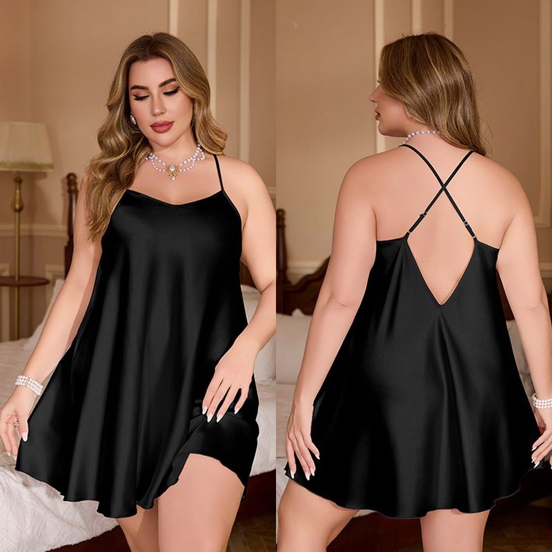 New Plus Size Ice Silk Solid Color Nightdress For Women With Straps Simple Short Nightgown Homewear SQ22148_voghion.com