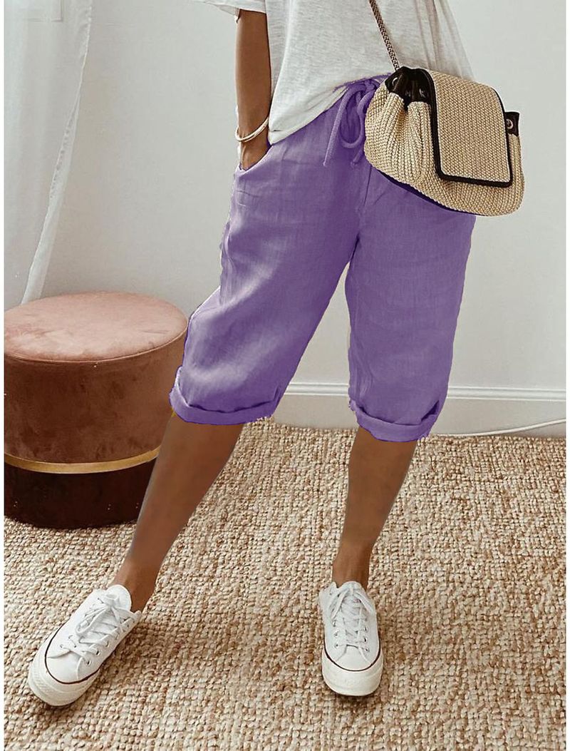 Women's cotton and linen pocket elastic casual pants women's pants quarter pants_voghion.com