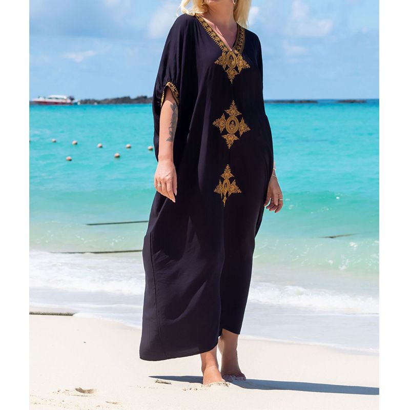 Vêtements d'été pour femmes, robe brodée dorée en coton, confortable, ample, pour les vacances, pour la plage_voghion.com