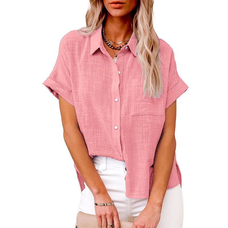 Abbigliamento da donna, nuova camicia casual a maniche corte, ampia, da donna, tinta unita, con bottoni in lino_voghion.com