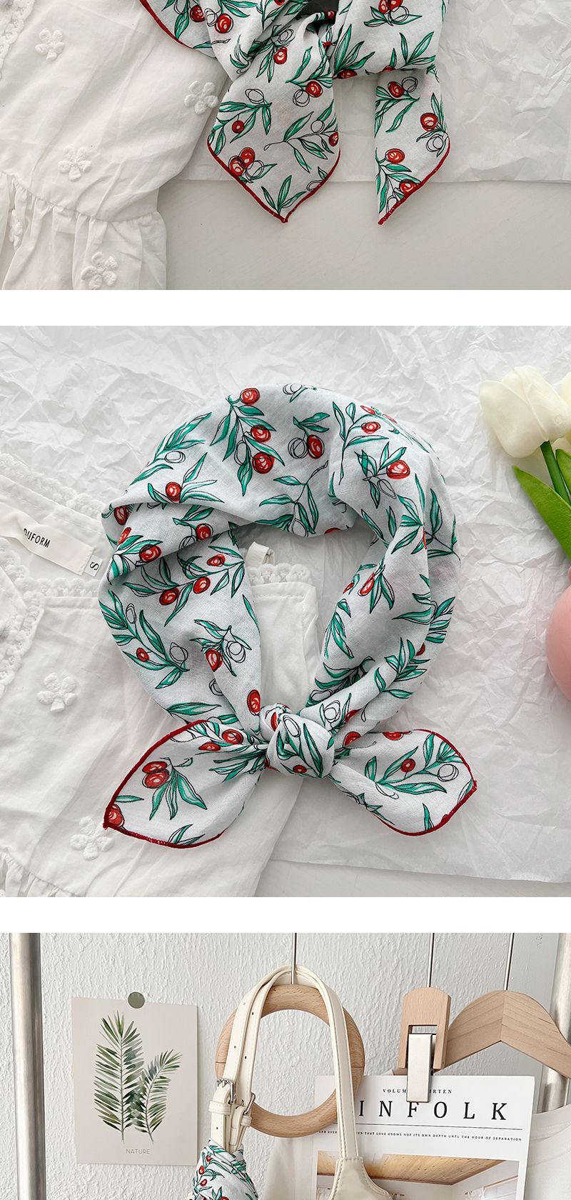 Lenço quadrado pequeno de algodão artístico estilo coreano Ins para moda feminina primavera verão, lenço de seda floral versátil, cabelo_voghion.com