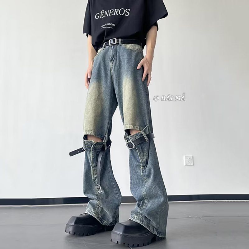 Jeans micro-pull a vita alta, retrò, vecchi, con cuciture tridimensionali, marchio di moda americano di alta moda, da uomo_voghion.com