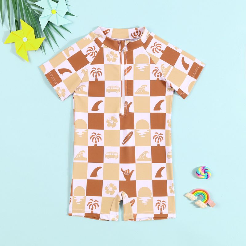 Traje de baño para madres e hijos, nuevo, de una pieza, tipo bóxer, con dibujos animados, cuello alto pequeño, cremallera, secado rápido._voghion.com