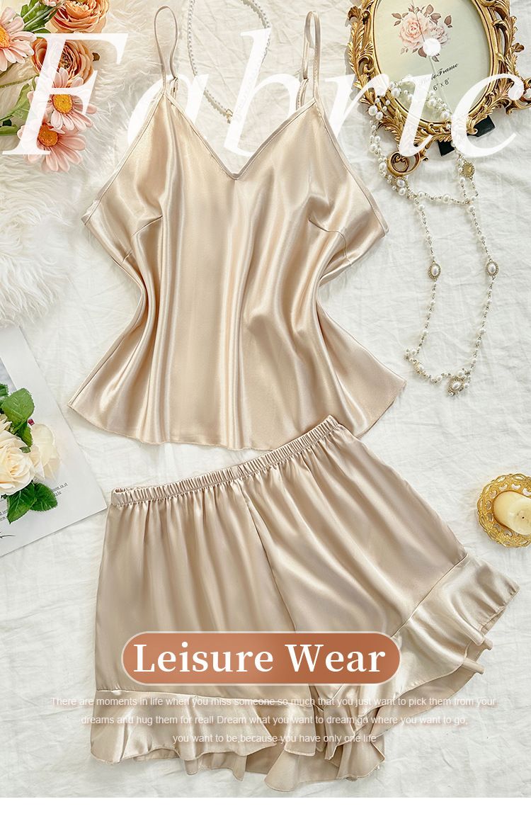 Plus Size Damen-Eispyjama-Set, schlichte, dünne Seidennachtwäsche, modischer Schnürpyjama_voghion.com