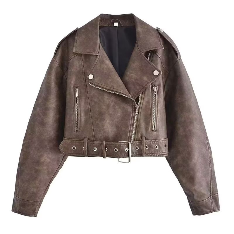 Damen-Bikerjacke aus Kunstleder – Slim Fit Kurzmantel mit Gürtel, V-Ausschnitt, langen Ärmeln (Weiß, Schwarz, Grau, Armeegrün, Dunkelbraun)_voghion.com