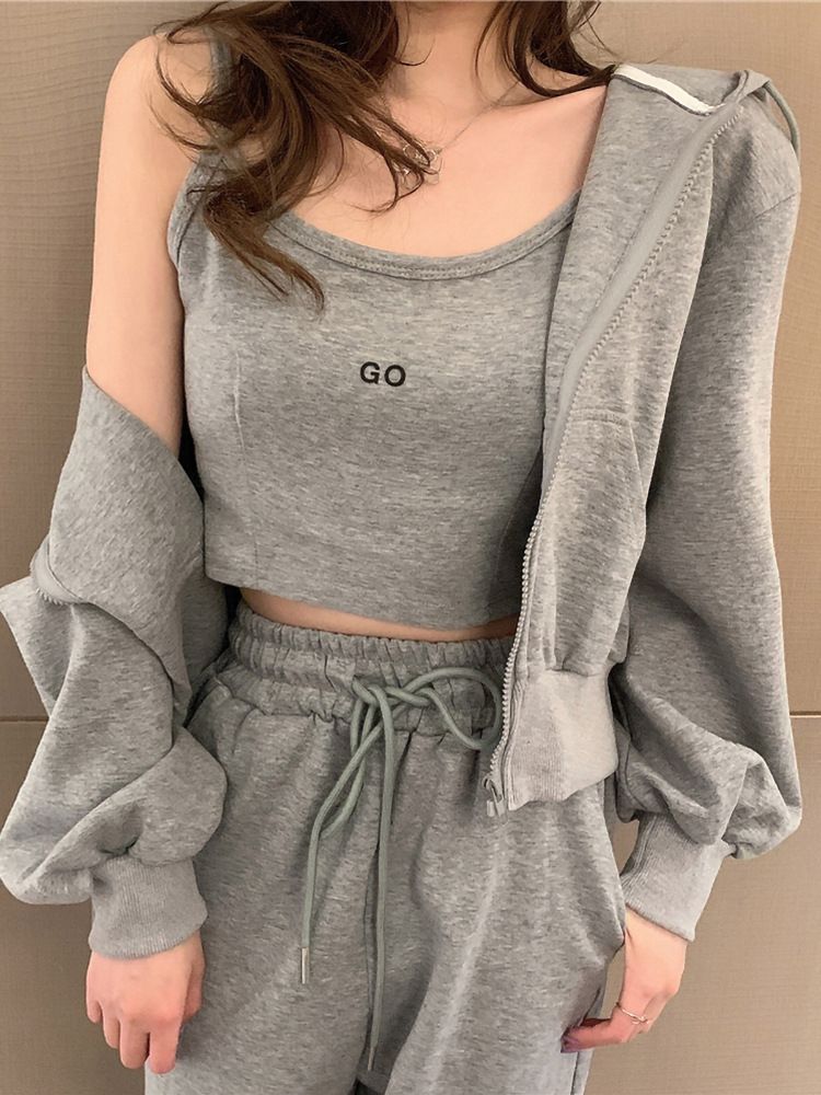 Ensemble de sport décontracté en coton 6535 pour femme, short, sweat à capuche zippé, veste, caraco, ensemble trois pièces printemps-automne_voghion.com