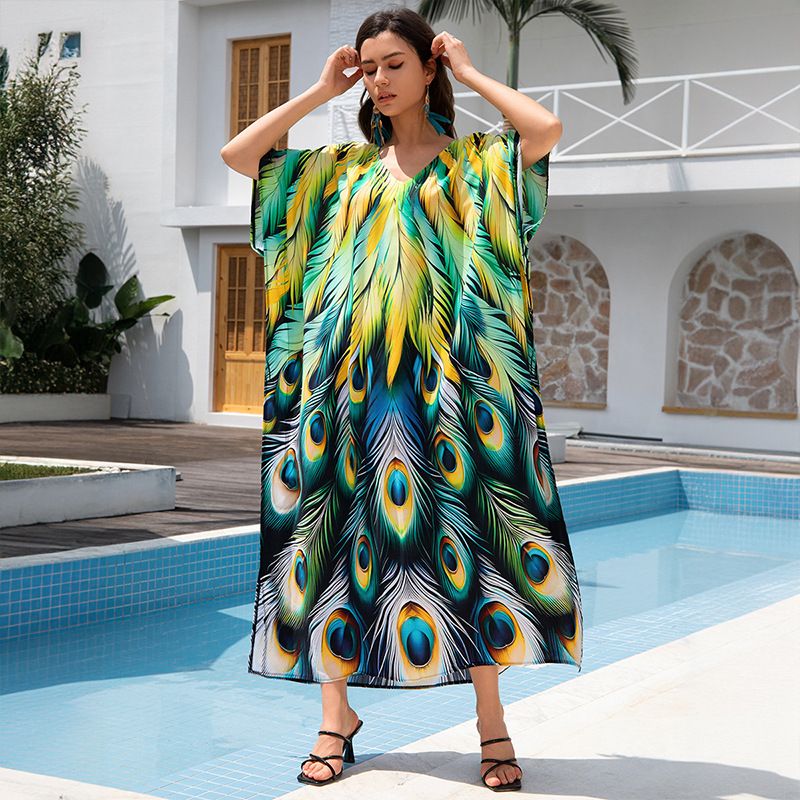 Robe de plage bohème – Jupe longue fluide en coton à imprimé exotique (taille unique, paon/papillon/zèbre/amour)_voghion.com