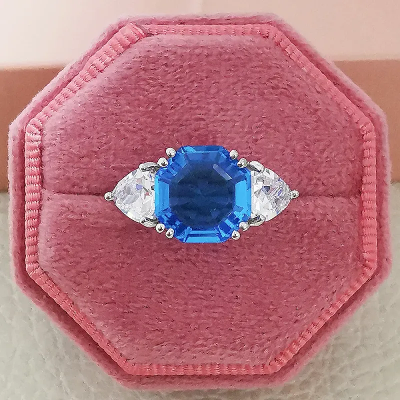 Designer-Ringe mit quadratischem Achteckschliff, blauen Kristallen, luxuriöser Stil, silberplattiertes Messing, Hochzeitsschmuck, Geschenkideen und Accessoires_voghion.com