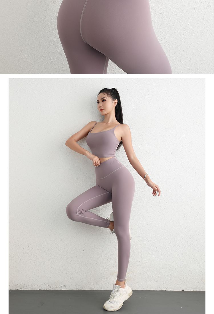 Γυναικείο κοστούμι γιόγκα με ρυθμιζόμενο λουράκι, αθλητικό σουτιέν με λάστιχο U, κολάν για γλουτούς και άρση γλουτών_voghion.com