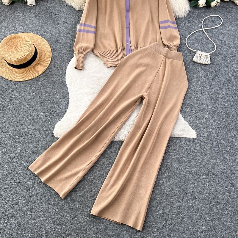 Women's Clothing Hong Kong style chic casual loose versatile knitted cardigan tops women's autumn two piece set high waist slim wide leg trousers_voghion.com