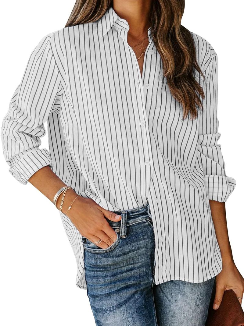 Abbigliamento da donna, camicia casual con bottoni a maniche lunghe a righe _voghion.com