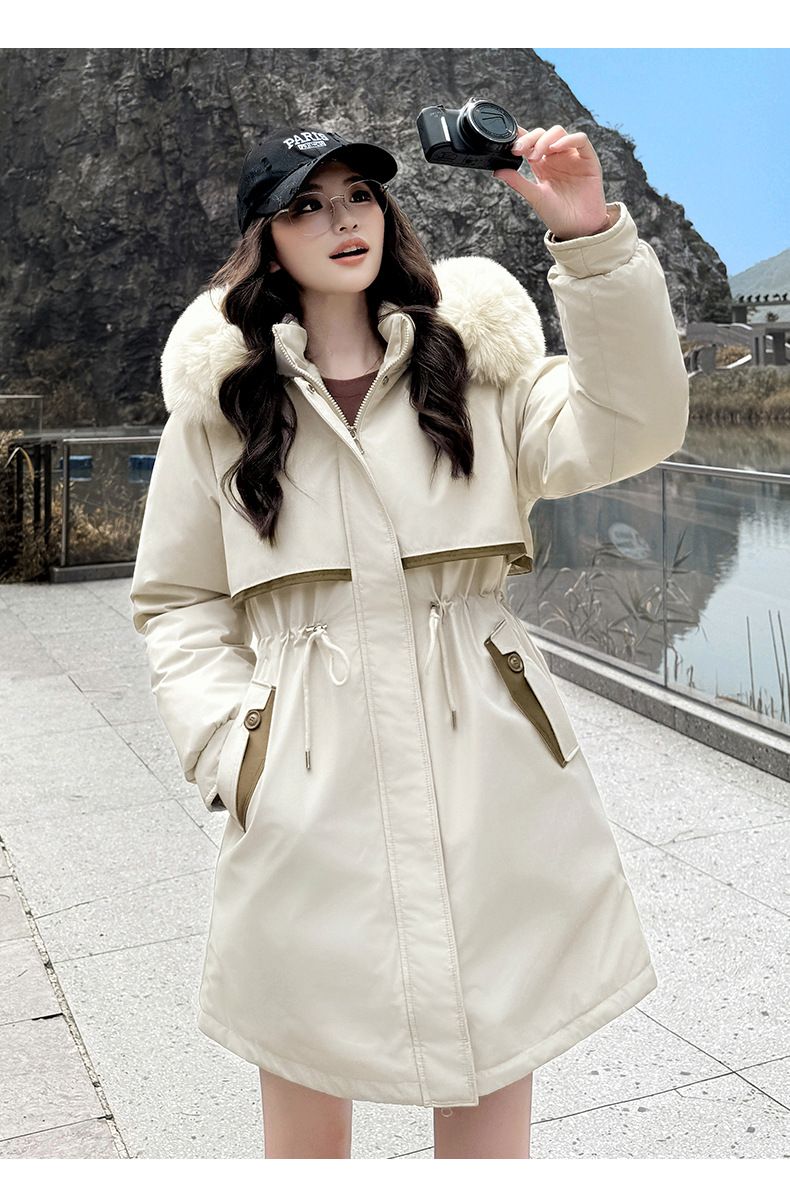 Roupas femininas Jaqueta de algodão Gola de pele Algodão Longline Cinto Acabamento em pele de coelho Casaco com capuz Parka com enchimento de poliéster espesso para o inverno_voghion.com