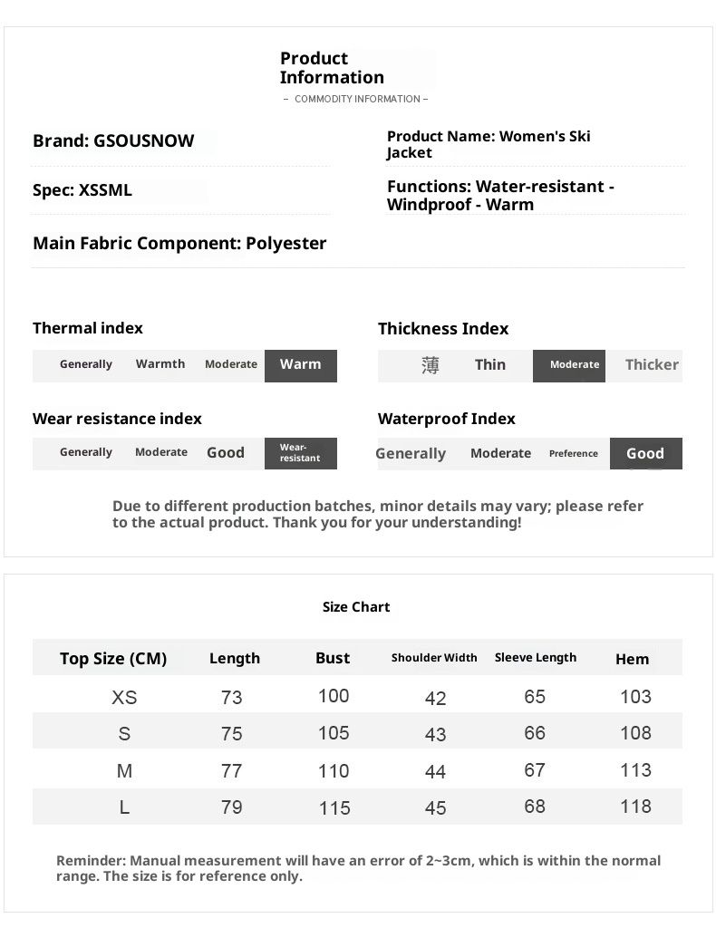 Combinaison de ski Gsousnow 001 pour femme, coupe-vent, imperméable et résistante à la neige, idéale pour l'hiver et les activités de plein air._voghion.com