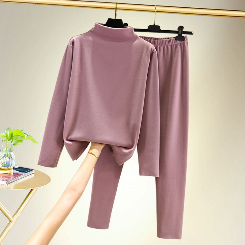 Women's warm underwear set with double-sided German velvet wool and thick half high neck long sleeve trousers plus size two-piece set_voghion.com