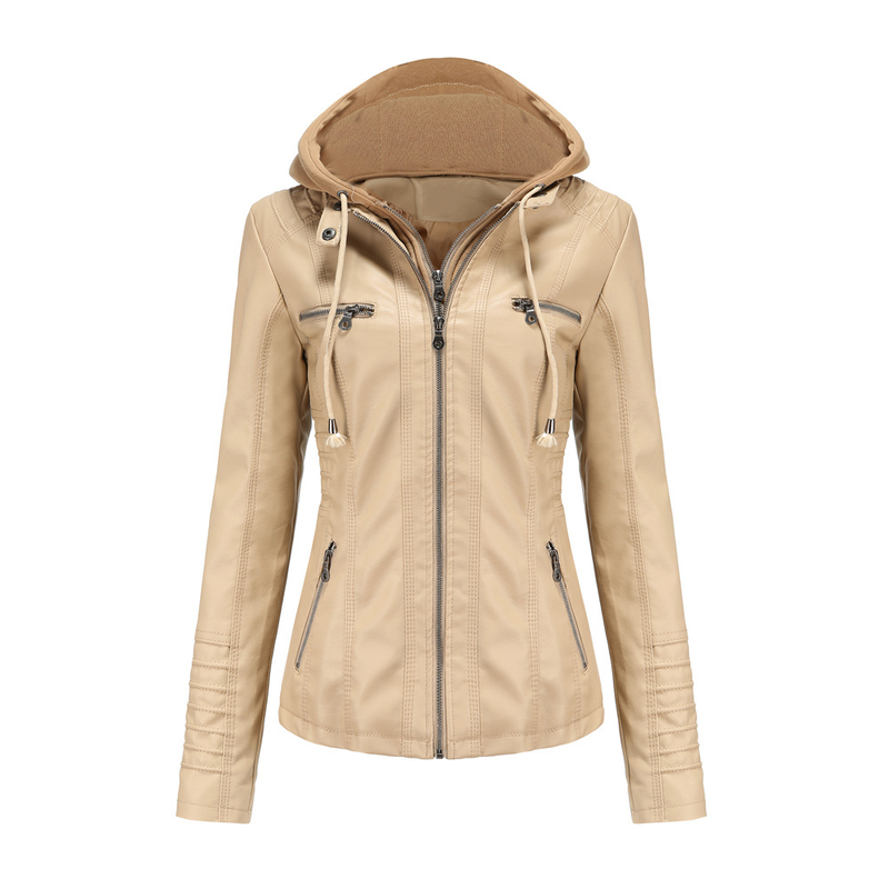 Giacca in pelle con cappuccio da donna, set da due pezzi, staccabile, di grandi dimensioni, in pelle PU lavata da donna_voghion.com