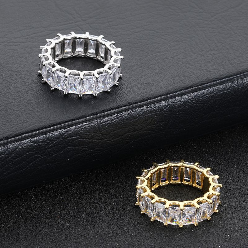 Nuovo anello da uomo hip-hop alla moda con zircone rettangolare a fila singola da 7 mm e placcato in oro autentico_voghion.com