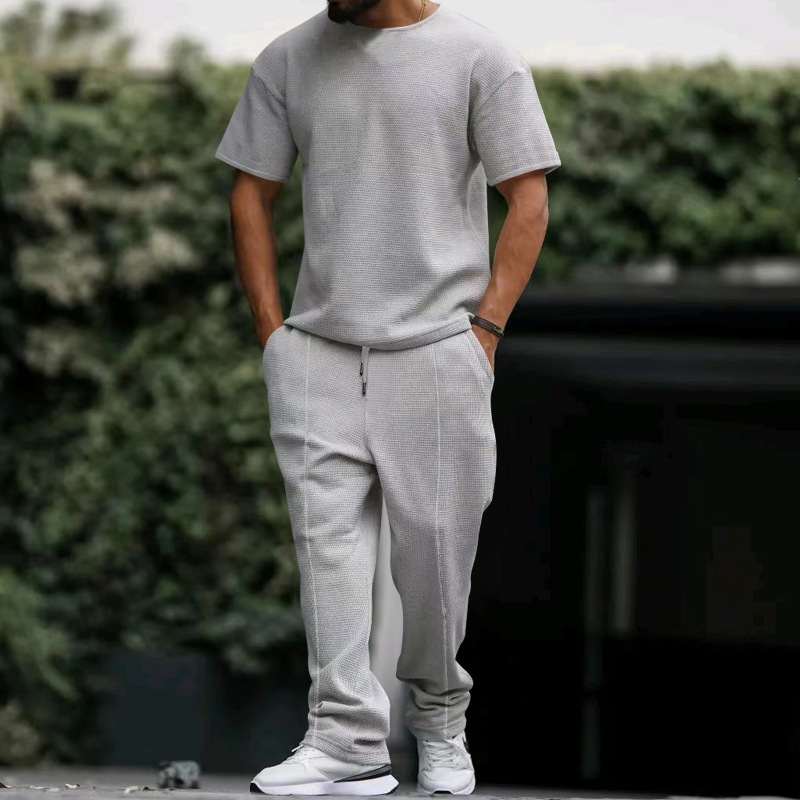 men's short-sleeved trousers suit heavyweight waffle oversize large size round neck casual suit_voghion.com