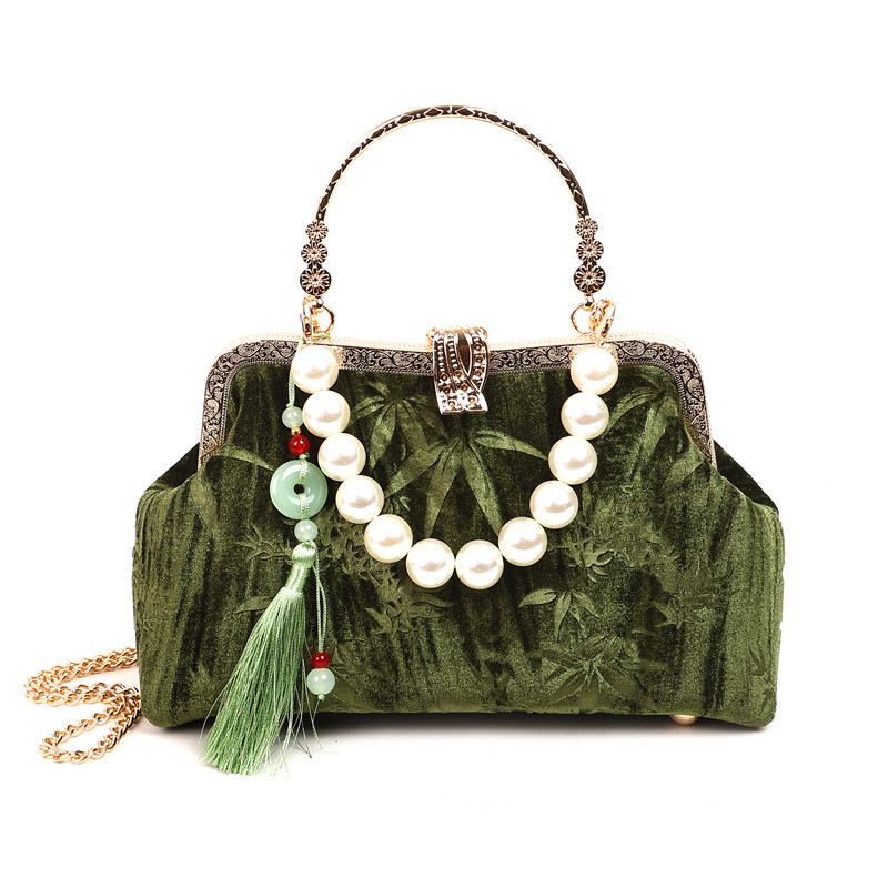 Borsa a tracolla da donna con ricami in stile cinese, versatile, con catena di perle e nappa, a conchiglia_voghion.com