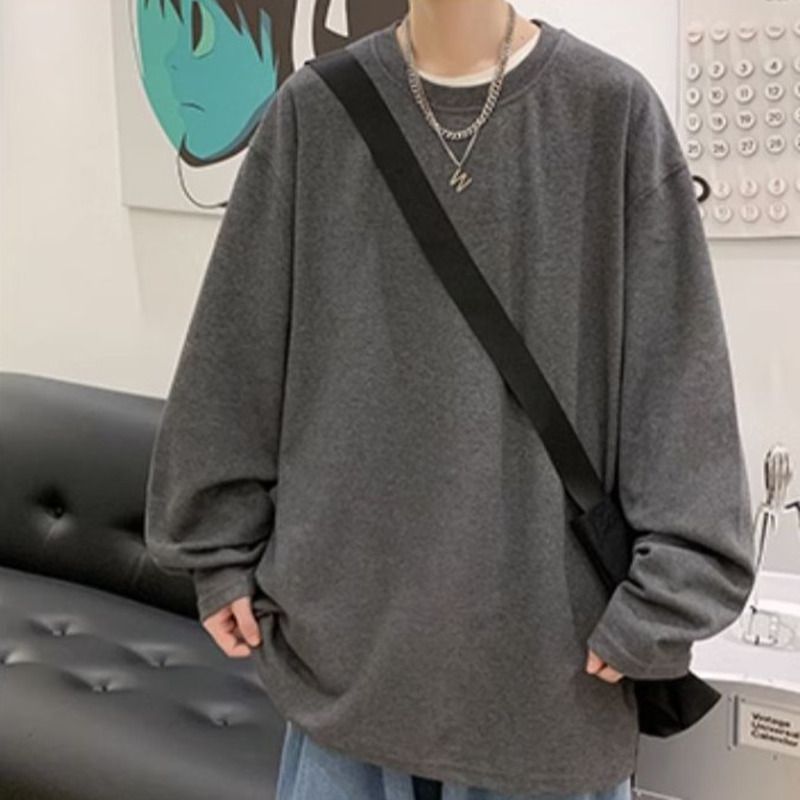 Maglietta a maniche lunghe da uomo 2025 autunno inverno in puro cotone, vestibilità ampia, strato interno spesso, maglietta di base_voghion.com