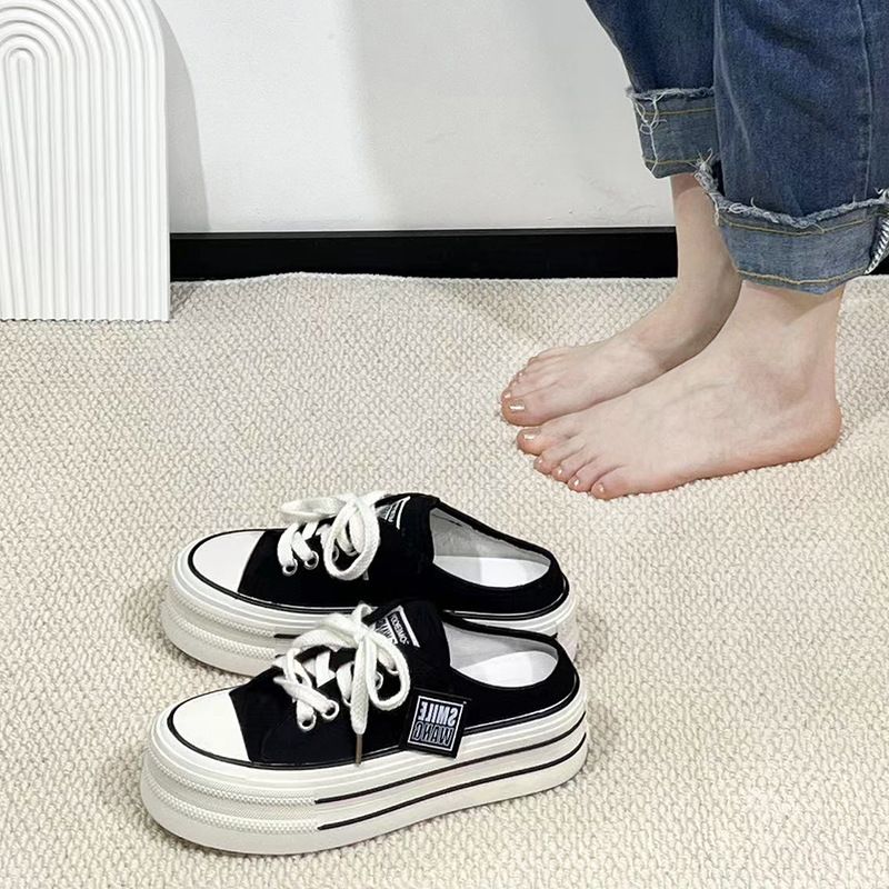 2025 Summer New Thick Soled Tall Slippers For Lazy Women, Trendy Half Dragged Fashion Casual Canvas Shoes_voghion.com