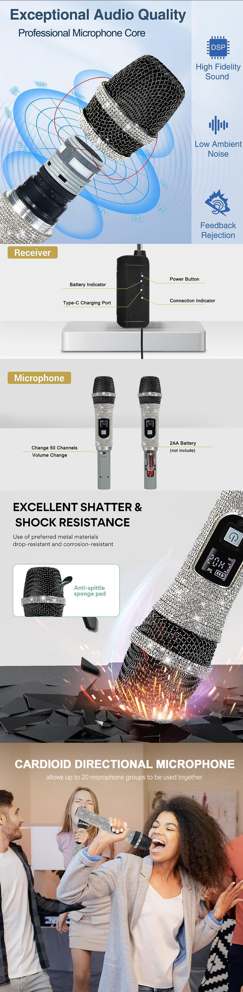 Real UHF Professional Universal Wireless Microphone Rechargeable 3.5mm Receiver Crystal Dynamic Mic No Delay_voghion.com