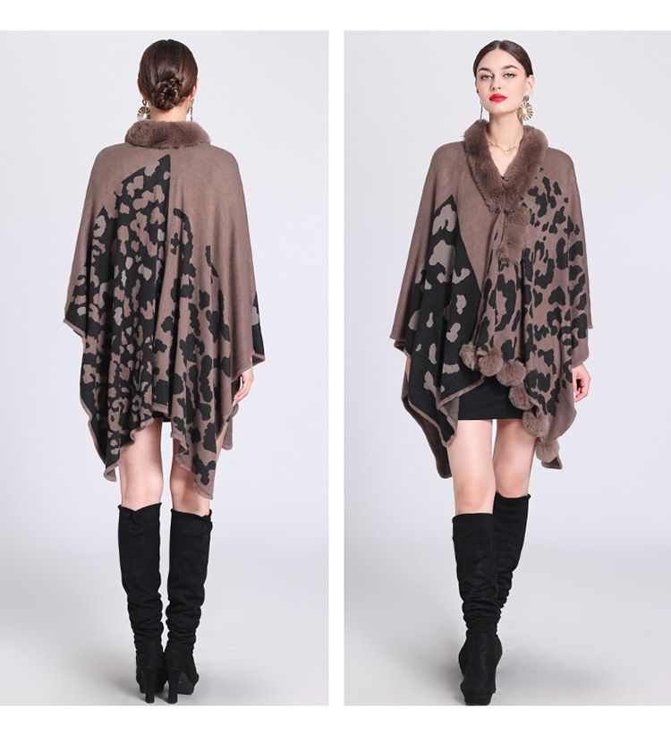 Mantella con collo di pelliccia, mantello con palla di pelliccia, mantello jacquard in maglia larga, cappotto di grandi dimensioni_voghion.com