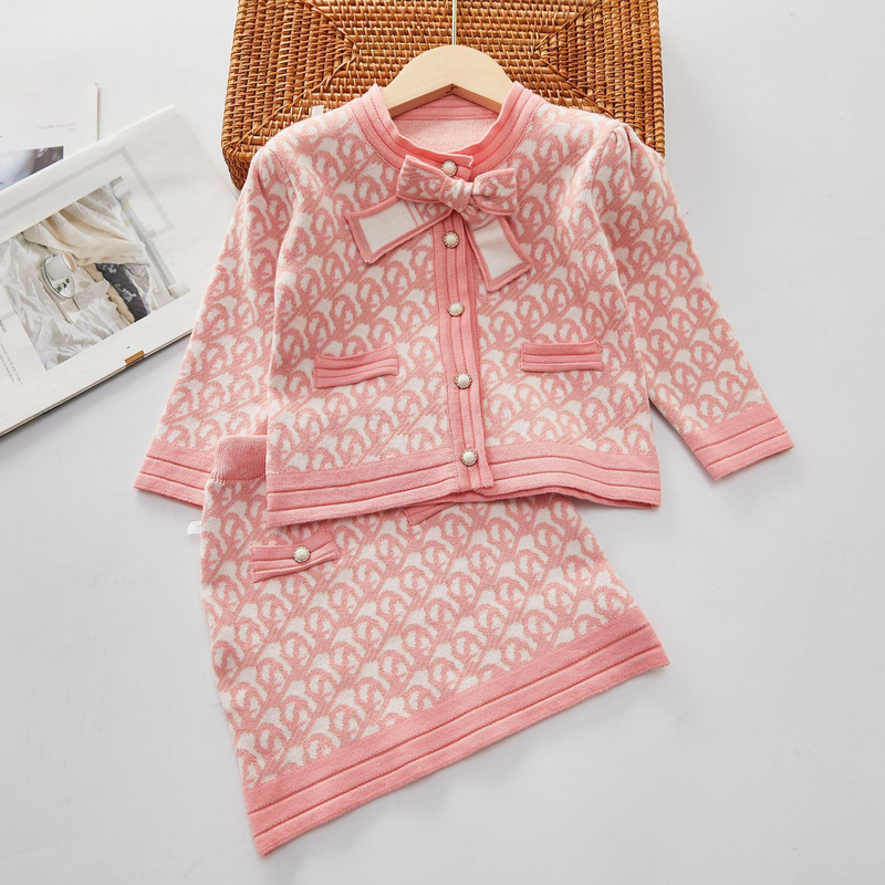 Girls' Sweater 2022 Autumn/Winter Small Fragrant Wind Children's Knitted Cardigan+Half Skirt Two Piece Set_voghion.com