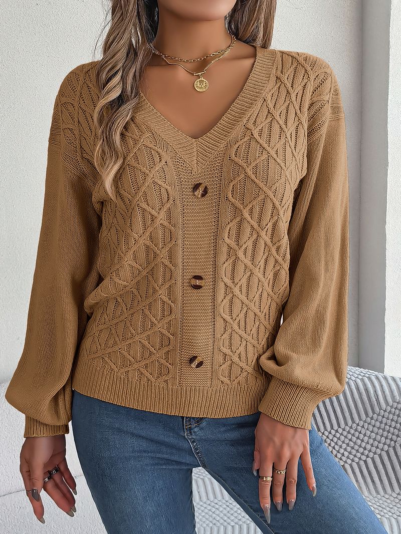 Maglione pullover con maniche a lanterna intrecciate e bottoni casual stile autunno inverno per donna_voghion.com