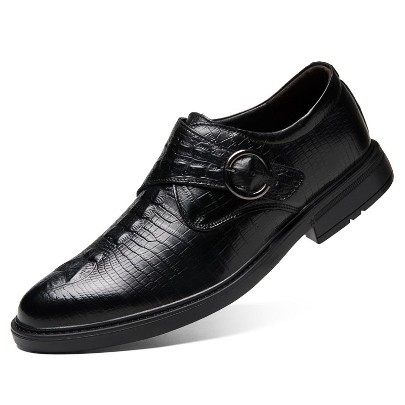 Euro Step Autumn British Style Cowhide Business Formal Men's Pointed Leather Brogue Carved Strap Monk Shoes_voghion.com