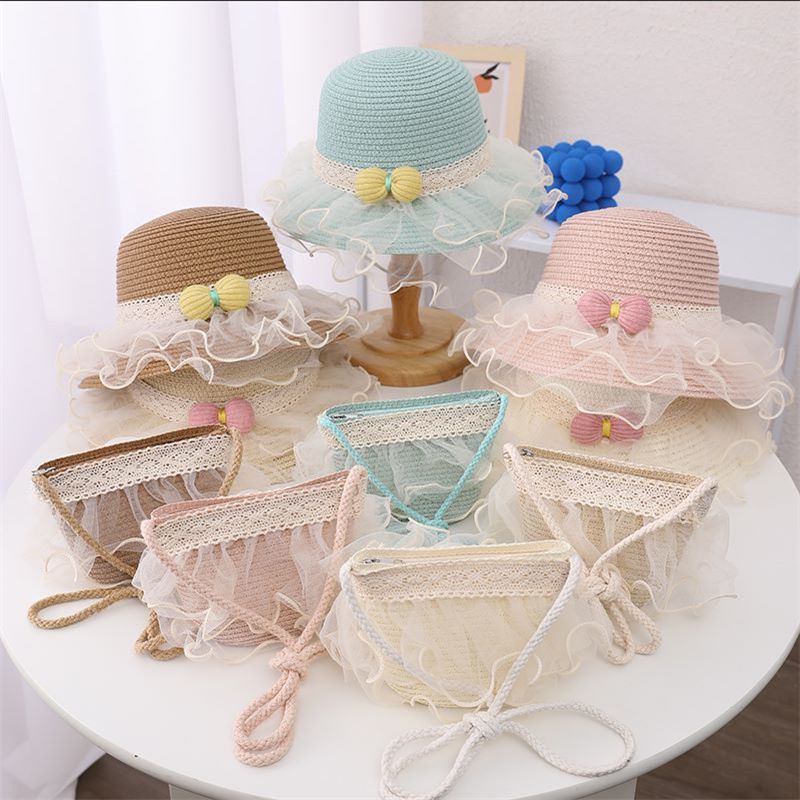 Set di borse di paglia per bambini, parasole per donne, protezione solare, cappello da spiaggia in rete, estivo da principessa_voghion.com