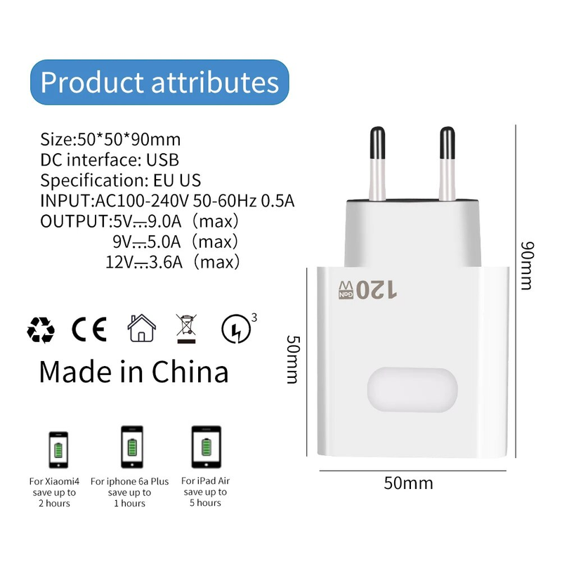 120W GaN USB-oplader, snellader 3.0, type C-kabel, mobiele telefoonoplader, adapter voor Xiaomi, Samsung iPhone-oplader_voghion.com