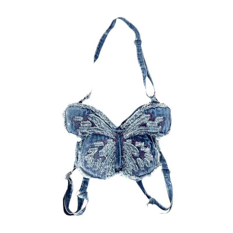 Dizaino tendencijos „Butterfly“ džinsinio stiliaus kuprinės per petį_voghion.com