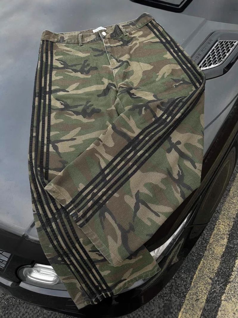 Herrenbekleidung Camouflage Gestreifte Arbeitskleidung Freizeithose Herren Frühling High Street Retro Mode Gerade Hose mit weitem Bein_voghion.com