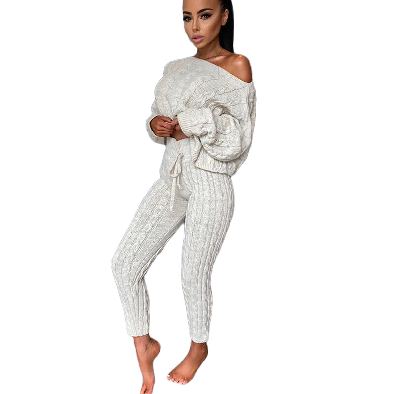 Women's fashion set crew-neck wool-knitted trousers long-sleeved set sweater_voghion.com