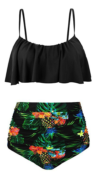 2022 maillot de bain fendu taille haute Bikini rayure imprimé épaule Lotus feuille bord soutien-gorge Bikini_voghion.com