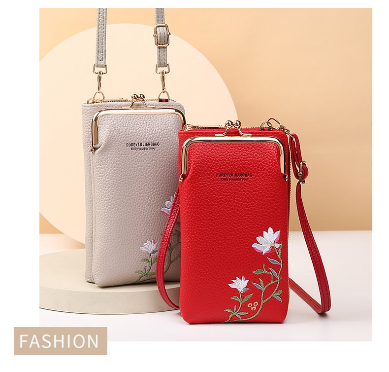 2024 New Women's Mobile Phone Bag Korean Edition Fashion Lychee Pattern Solid Color Embroidery Oblique Span Shoulder Bag_voghion.com
