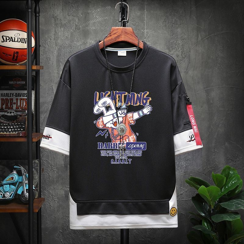 Summer printed short T-shirt, men's trendy brand loose fitting two-piece, quarter Instagram trend versatile half sleeved_voghion.com