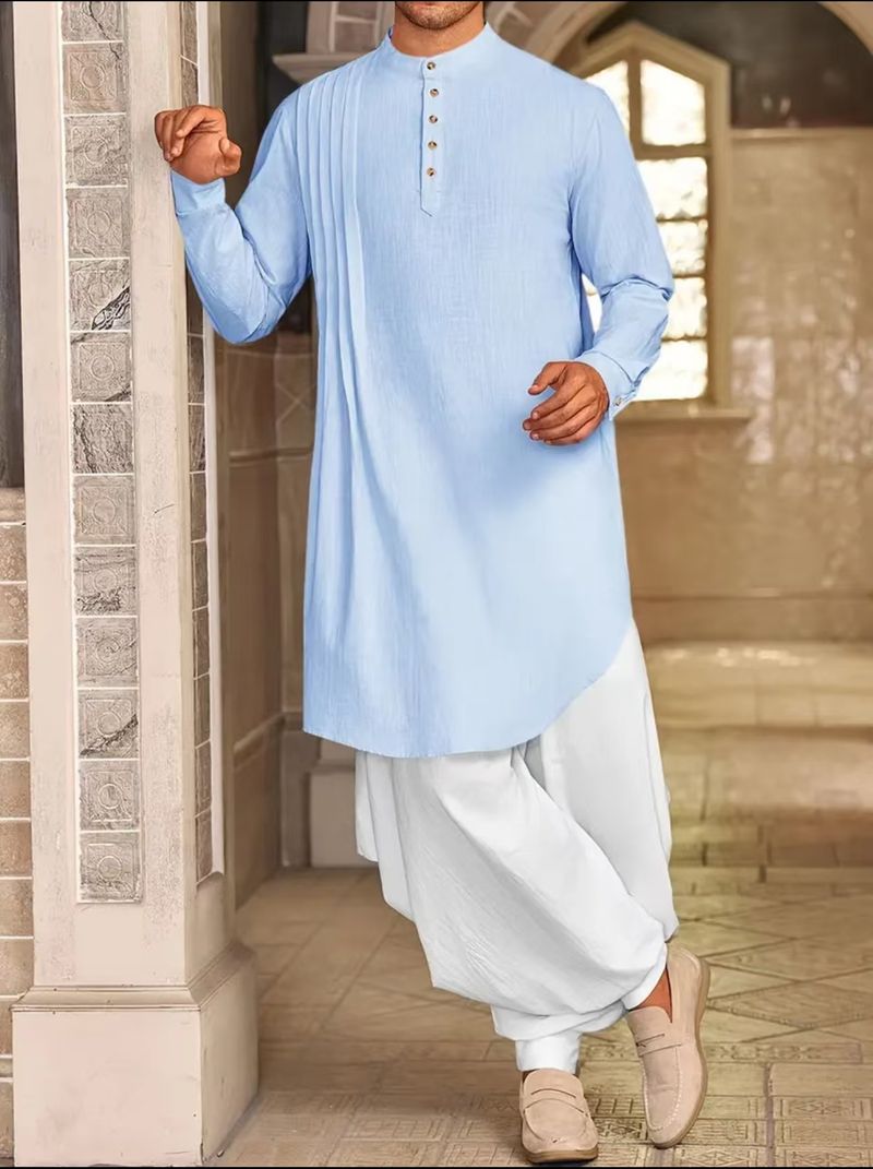 Herrenbekleidung Button Baumwolle und Leinen Shirt Muslim Robe_voghion.com