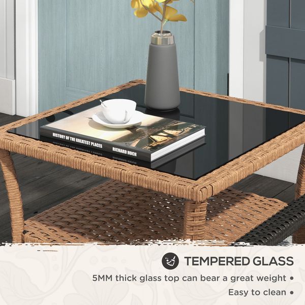 Outsunny Rattan Side Table, Outdoor End Table With Storage Shelf, Aluminum Frame Square, Coffee Table With Tempered Glass Top, Sand_voghion.com