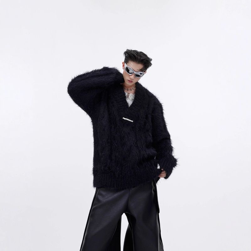 American Style Atmosphere Mink V-Neck Sweater Pullover For Men Autumn Winter Trendy Niche Loose Knitted Cardigan_voghion.com