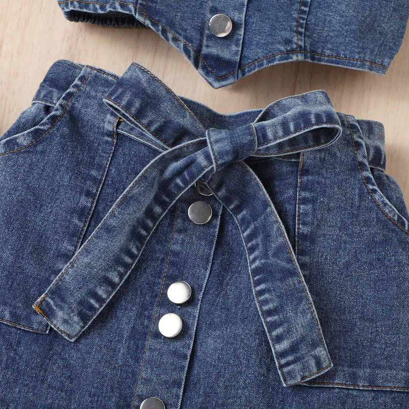 Baby Clothing Girls' dress Girls' square collar lantern sleeve top fractious pleated skirt multi-button cowboy girls' suit_voghion.com