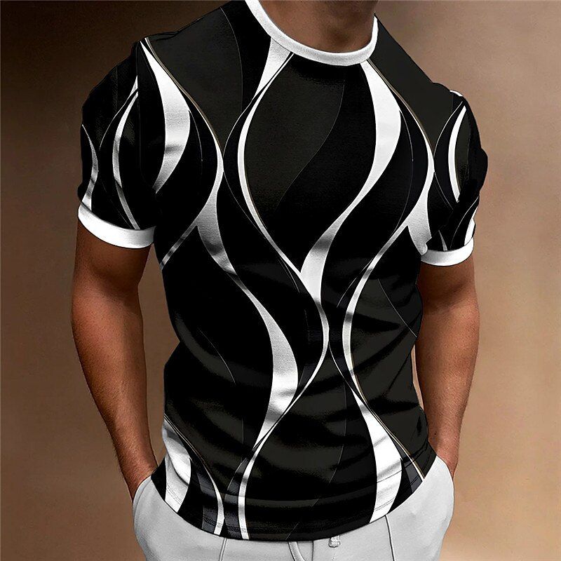 Maglietta estiva a maniche corte alla moda da uomo con stampa 3D e linea dorata_voghion.com