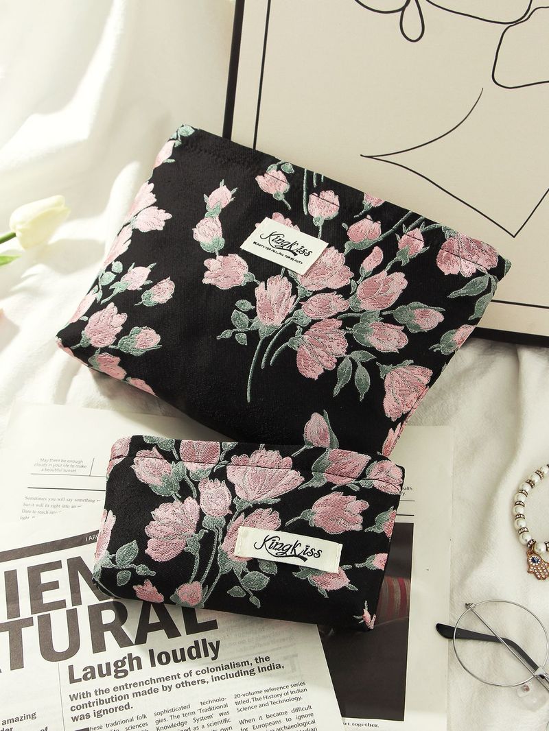Dark Red Flower Cosmetic Bag Niche Portable High Value Wash Bag Storage Bag Zipper Bag Large Capacity_voghion.com