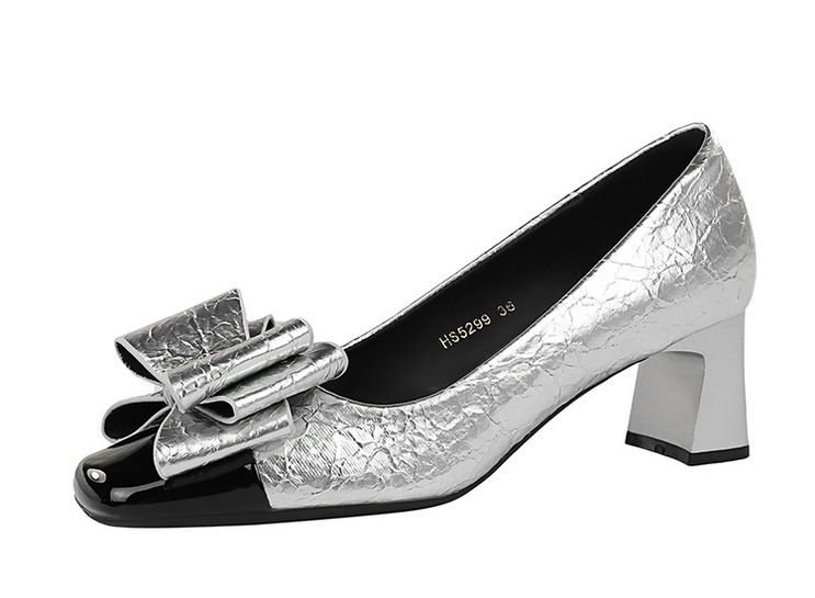 5299-H58 Koreanische mode frauen schuhe, dicken mittleren ferse, flach mund spleißen, platz farbe blockiert kappe, bogen,_voghion.com
