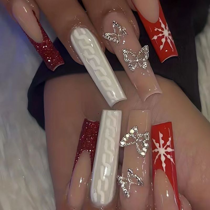 Eleganti unghie finte a farfalla in lega francese rossa con glitter a forma di fiocco di neve – Unghie finte riutilizzabili per donna, facili da applicare, compatibili con colla e gel_voghion.com