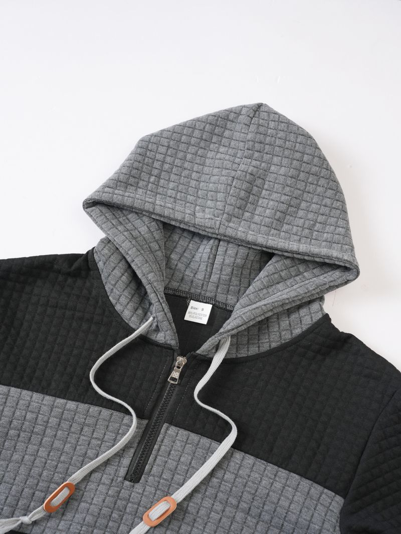 Felpa con cappuccio a quadri da uomo – Felpa casual a maniche lunghe con cerniera (S-XXXL, design a blocchi di colore)_voghion.com