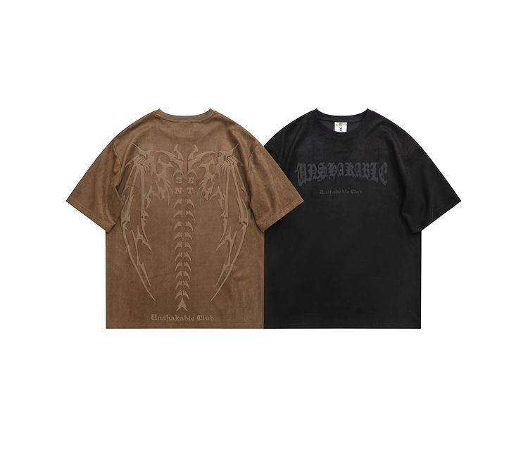 Maglietta estiva retrò marrone pesante da uomo, in pelle scamosciata, a maniche corte, con stampa americana in schiuma, design di nicchia, marchio alla moda hip hop_voghion.com