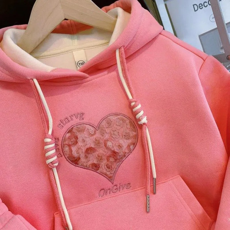 Madre e bambini 2024 Nuovo set autunno e inverno per bambini, moda per ragazze spesse, felpa con cappuccio Love Girl in velluto, set da due pezzi_voghion.com