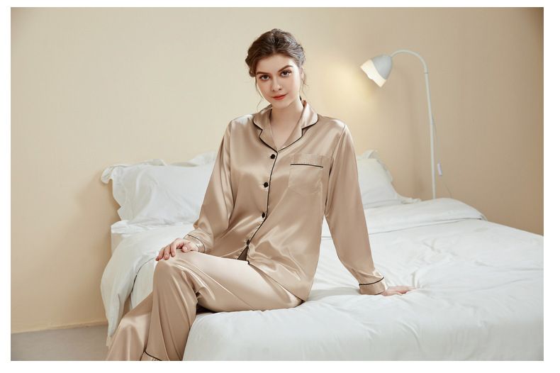 Damen-Nachtwäsche, große Größe, Basic-Pyjama, Damen, Frühling und Sommer, langärmelige Hose, dünne Seide, Freizeit, Zuhause, zweiteiliges Set_voghion.com