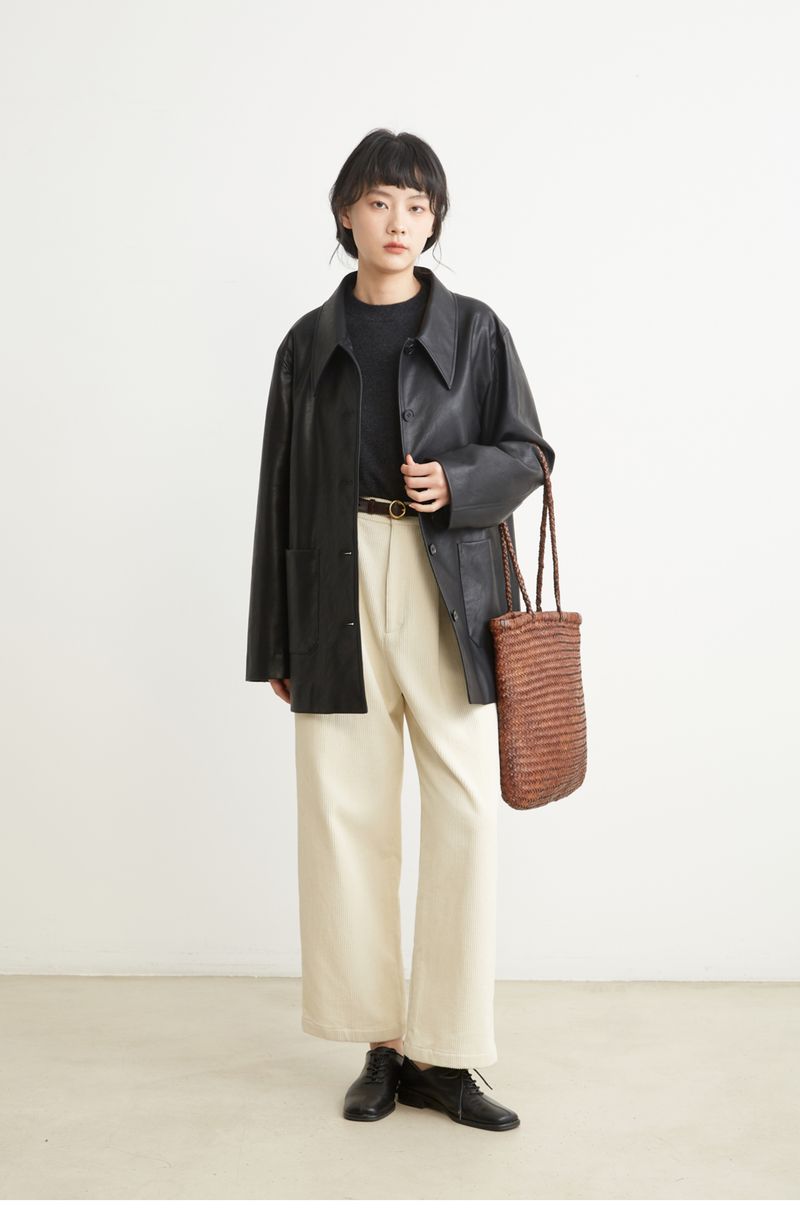 Schwarz für Damen, 2024 Herbst neuer Style, cool und lässig, kleiner spitzer Kragen, umweltfreundliches Ledertop_voghion.com